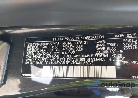 2015 Volvo Xc60 T5 Platinum из США, поврежденный, VIN YV440MDM1F2734081